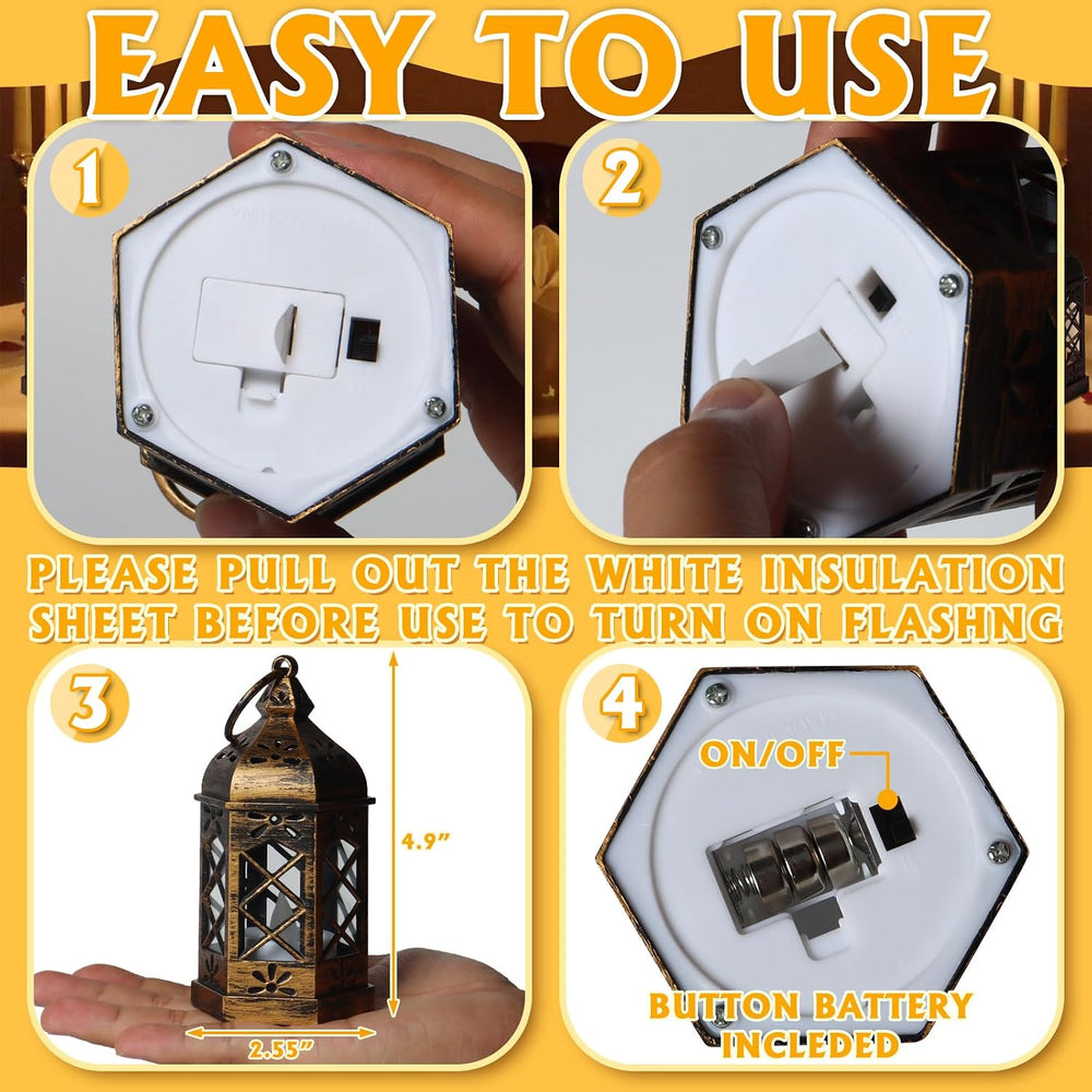 12-Pack Mini Gold Lanterns with Flickering LED Candles for Ramadan, Small Dec...