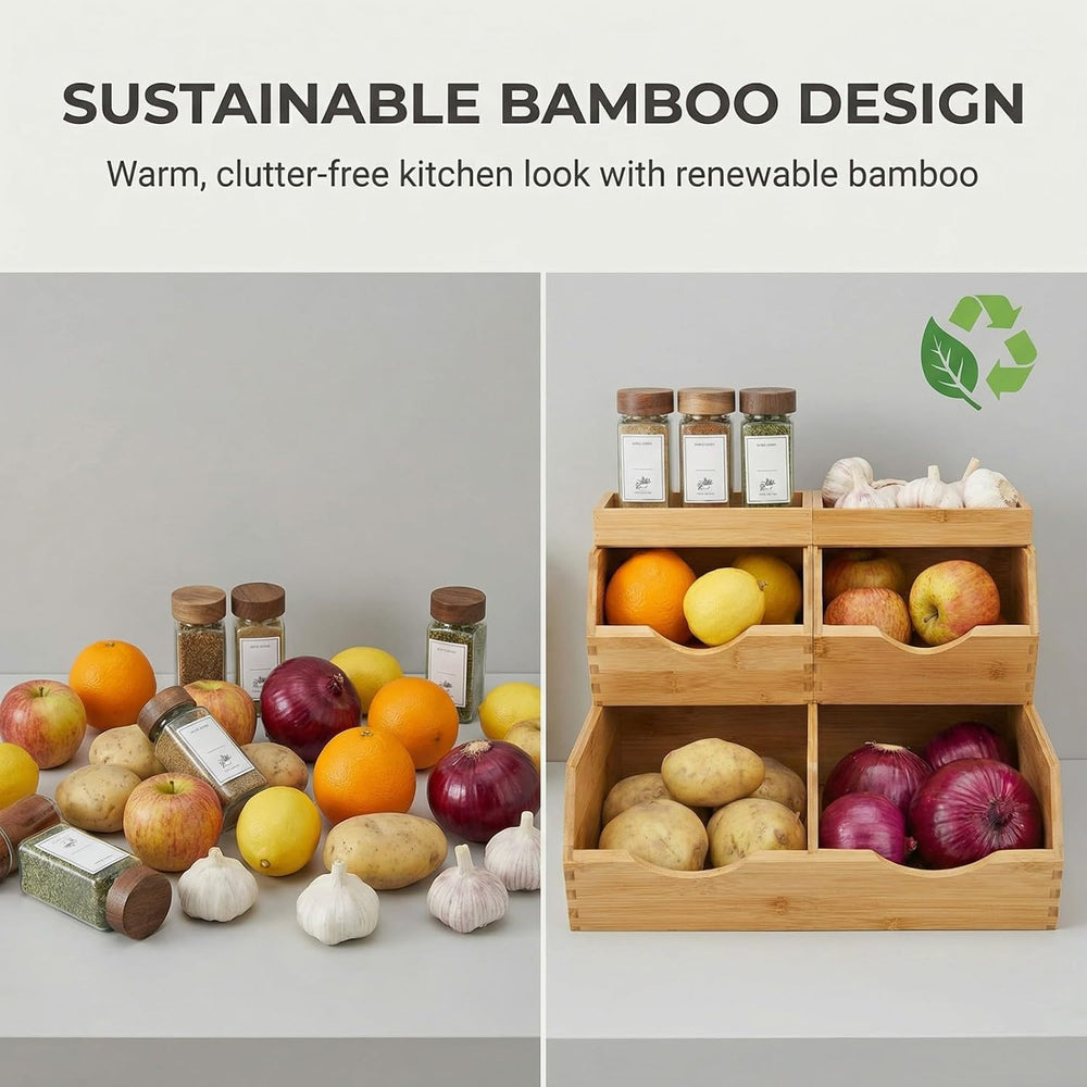 Bamboo Pantry Storage Bins Set 5 Pieces - Stackable Baskets, Potato and Onion...