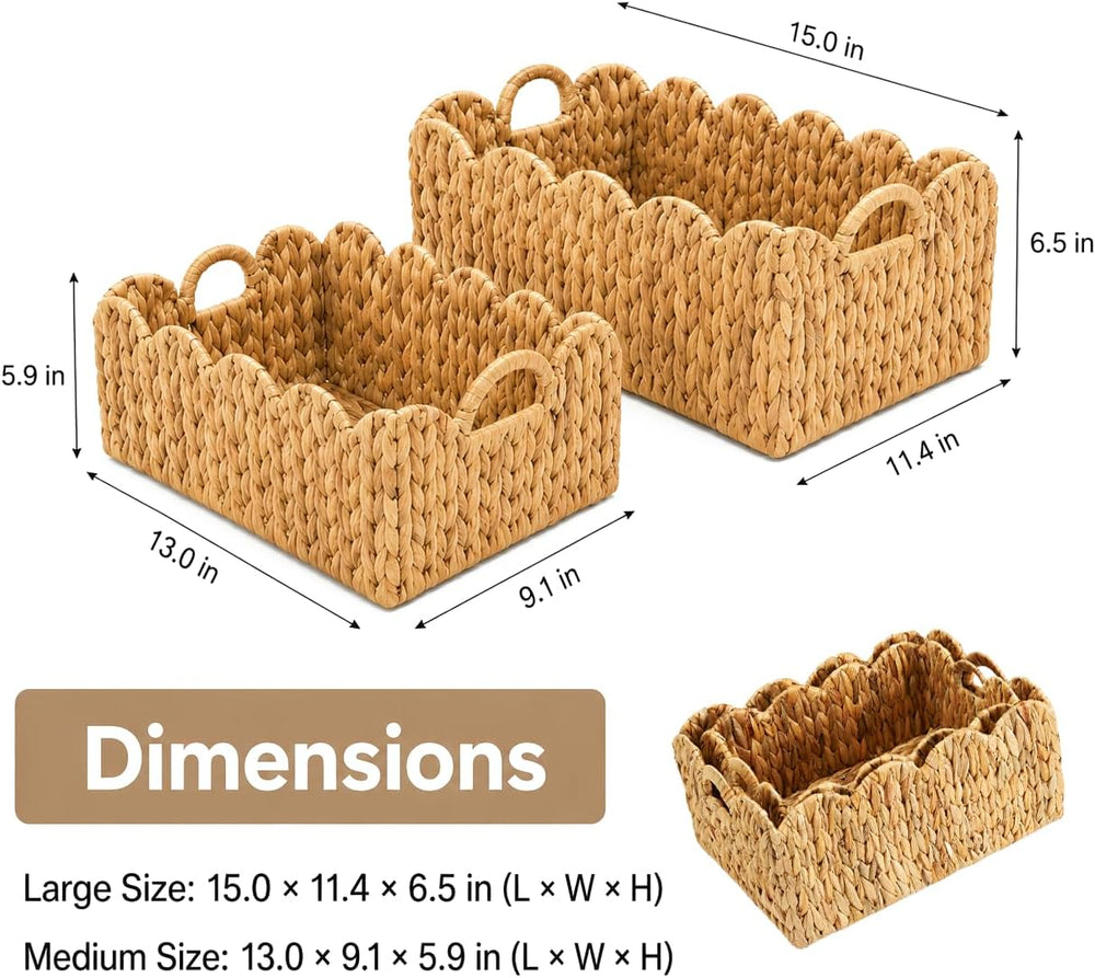 Scalloped Wicker Storage Baskets for Shelves Organize with Handles, 2-Pack