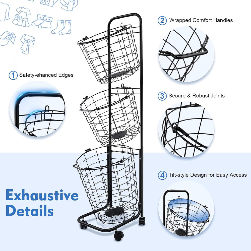 Laundry Basket on Wheels,3 Tier Large Laundry Hampers,10.4 * 13 * 48.4inch Cl...