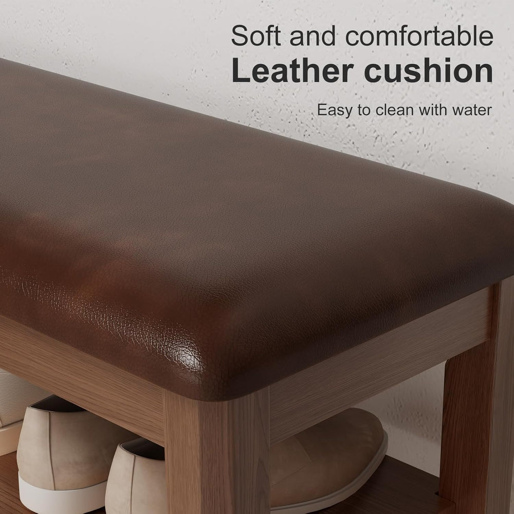 AQIMUELE Shoe Bench with Leather Cushion, 3 Tiers Shoe Storage Bench Height A...