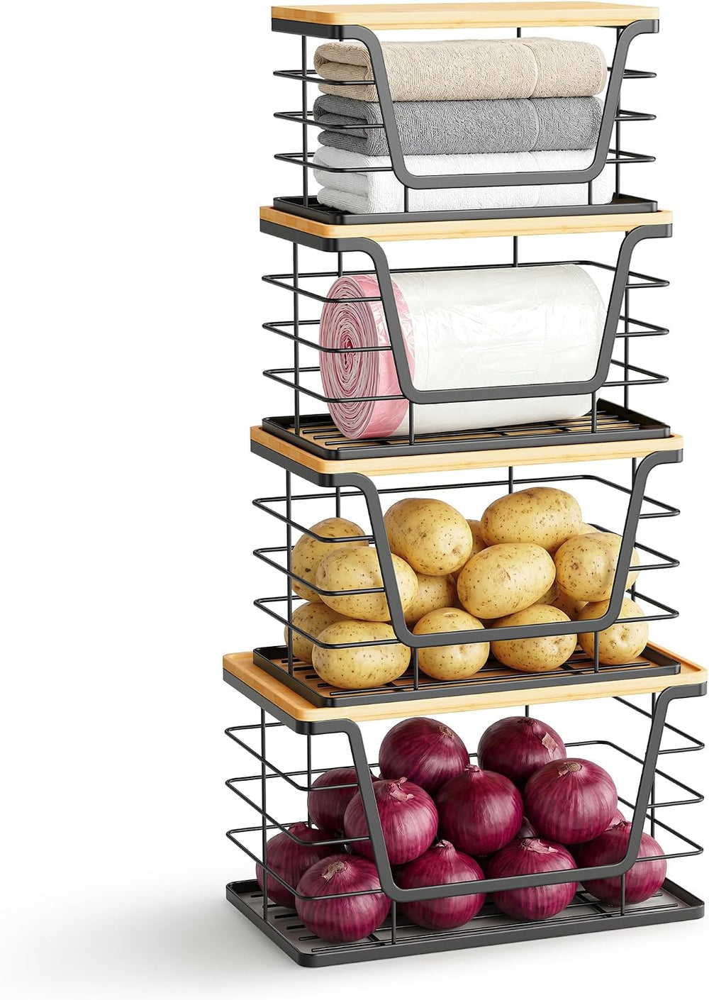 ALOCEO 4 Pack Stackable Storage Bins with Lids, Stainless Steel Trash Bag Dis...