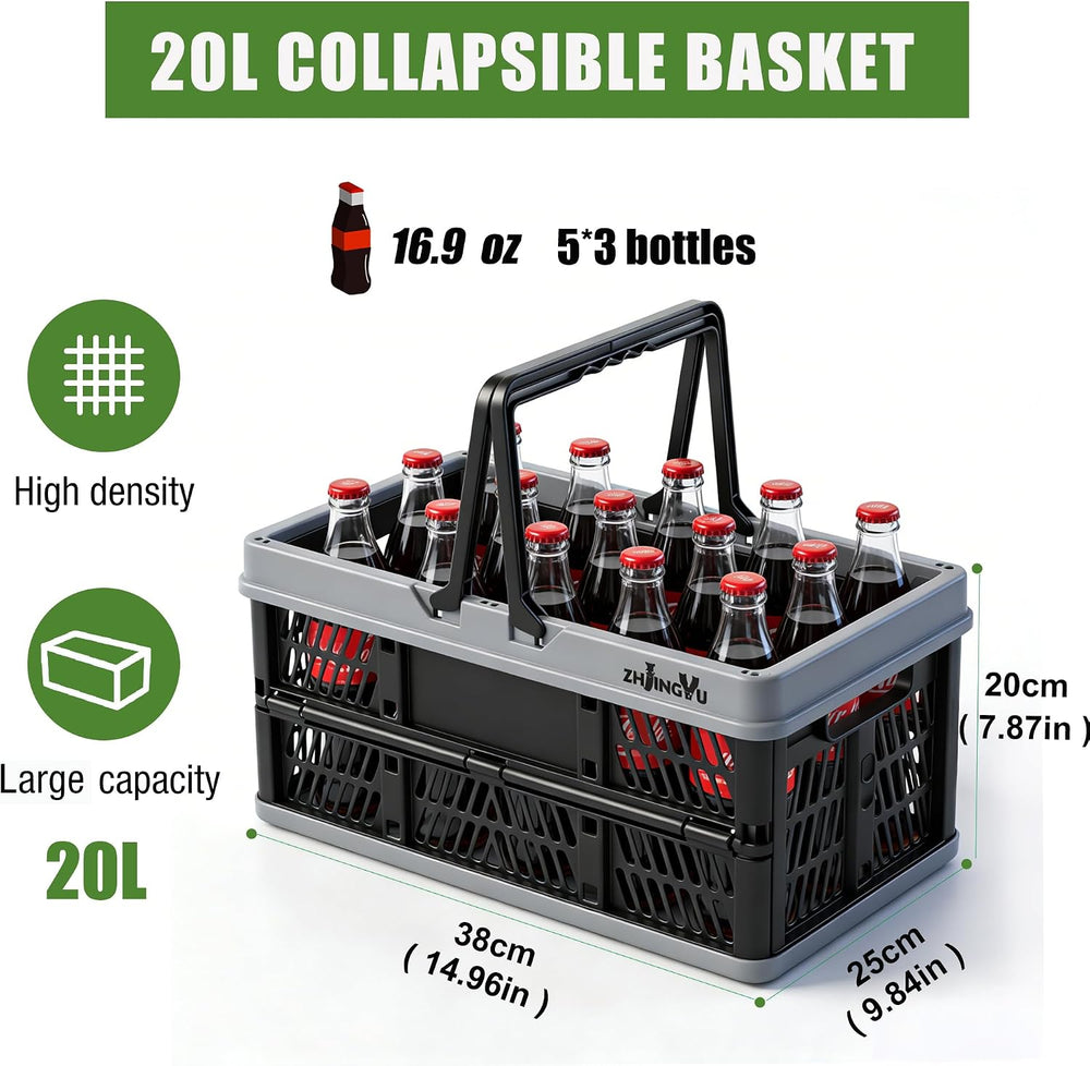 20L Plastic Basket with handles,2-pack Black Collapsible crates for storage