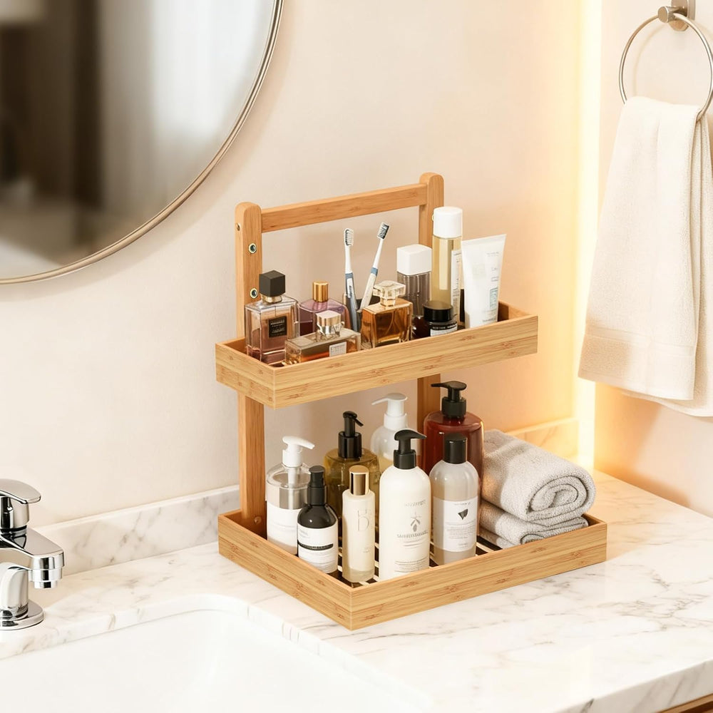 Bamboo Undersink Organizer Storage - 2-Tier Cabinet Shelf with Adjustable Lev...