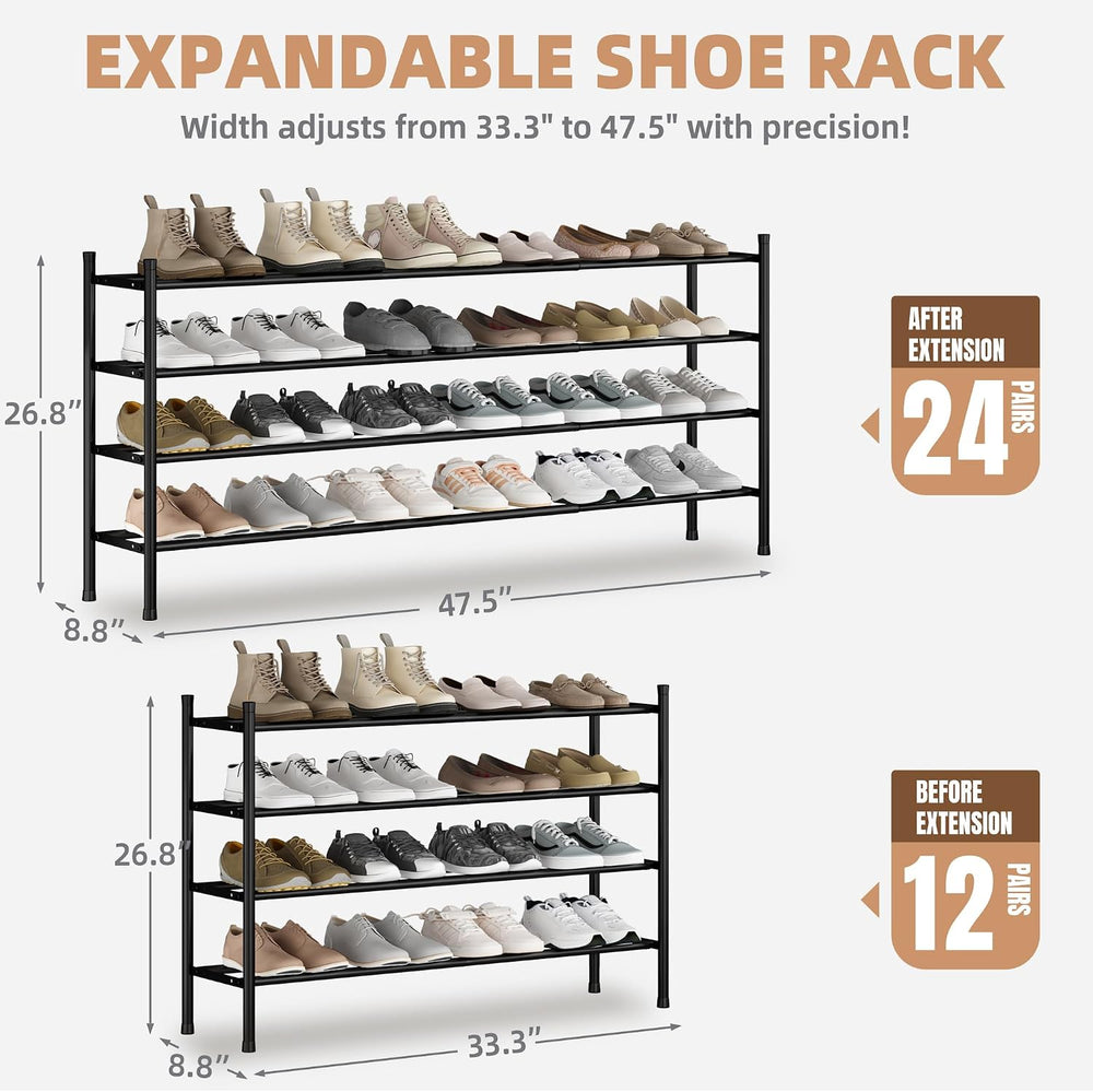 STORAGE MANIAC Long Expandable Shoe Rack, Holds Up 24 Pairs, Black 4 Tiers