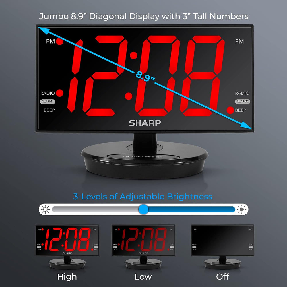 Sharp AccuSet Digital Alarm Clock, 8.9" Tilt/Swivel, FM Radio, Dual USB