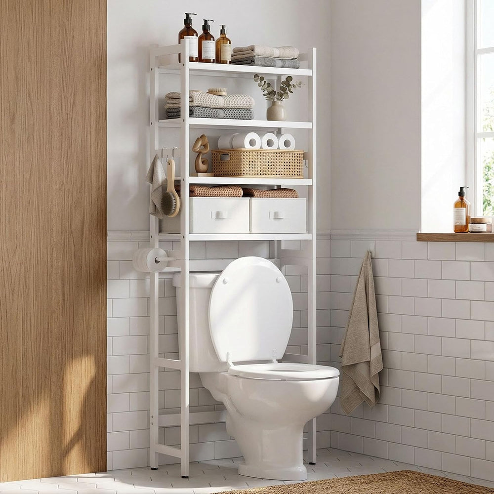 Homde Bathroom Over Toilet Storage Rack: Adjustable 4-Tier Bamboo (White)