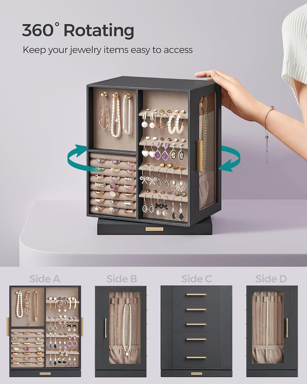 SONGMICS Jewelry Box Organizer, 360° Rotating, 5 Drawers, Slate Gray