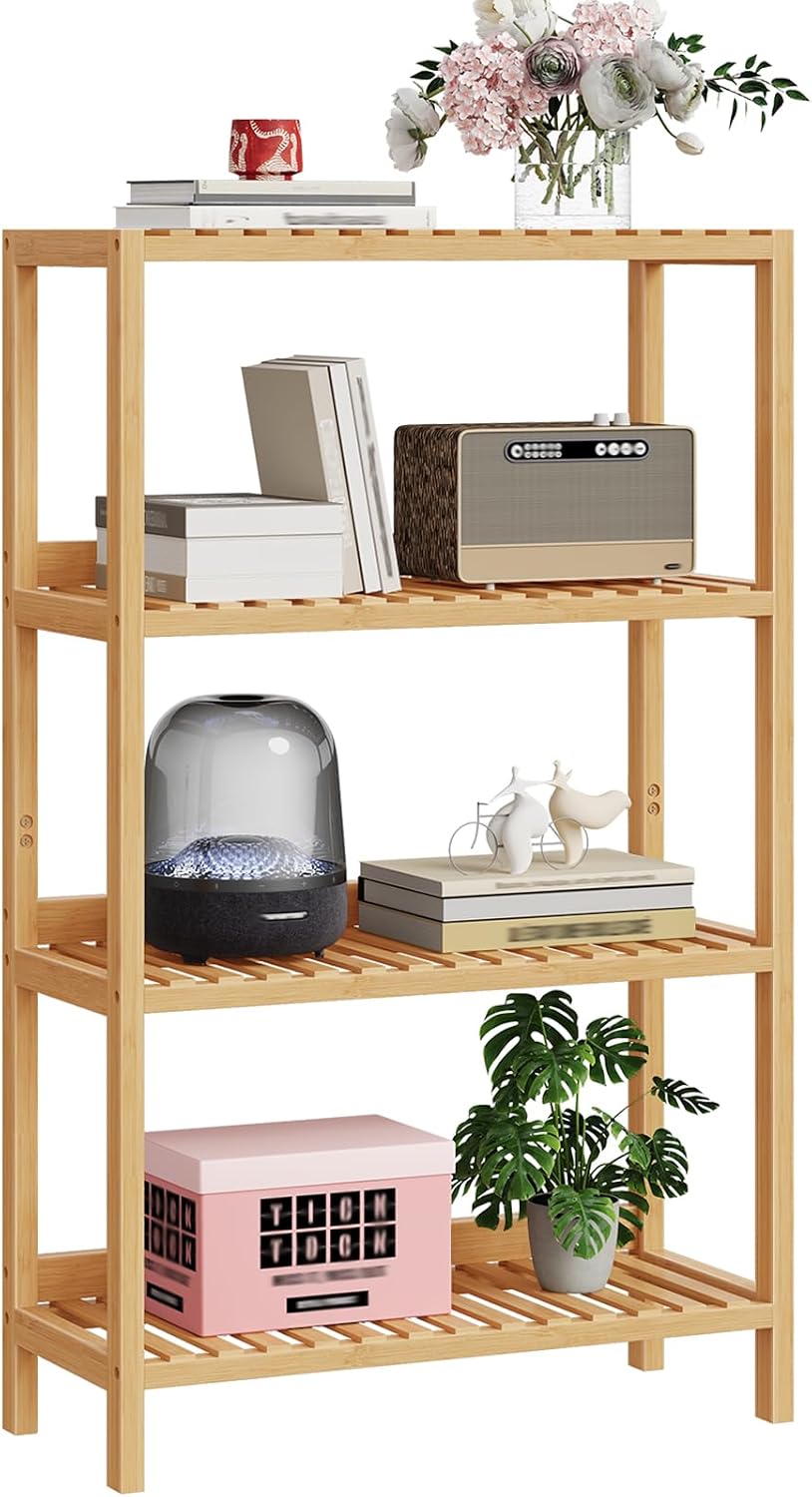 HOOBRO Bamboo Storage Shelf, 4-Tier Freestanding Shelving Unit, Multifunction...