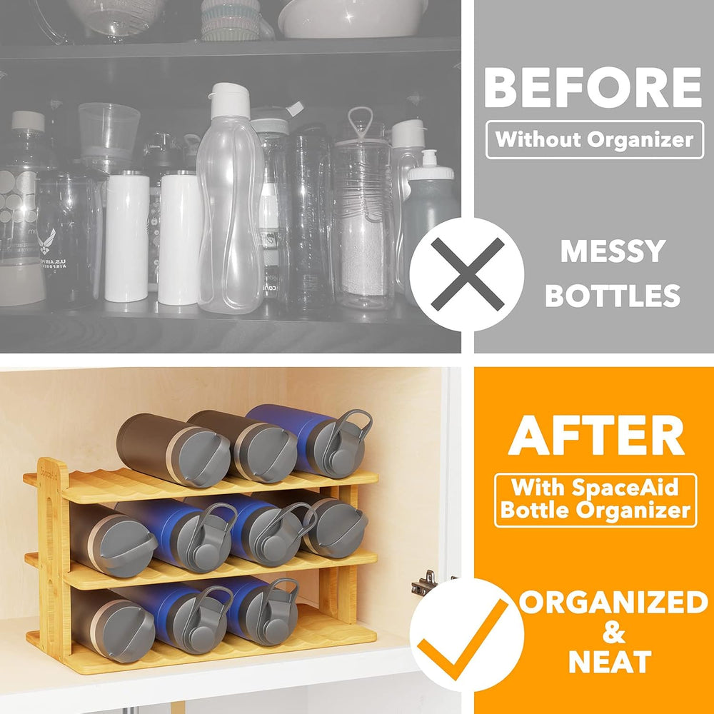 SpaceAid Bamboo Water Bottle Organizer with Labels, Kitchen Pantry Water Bott...