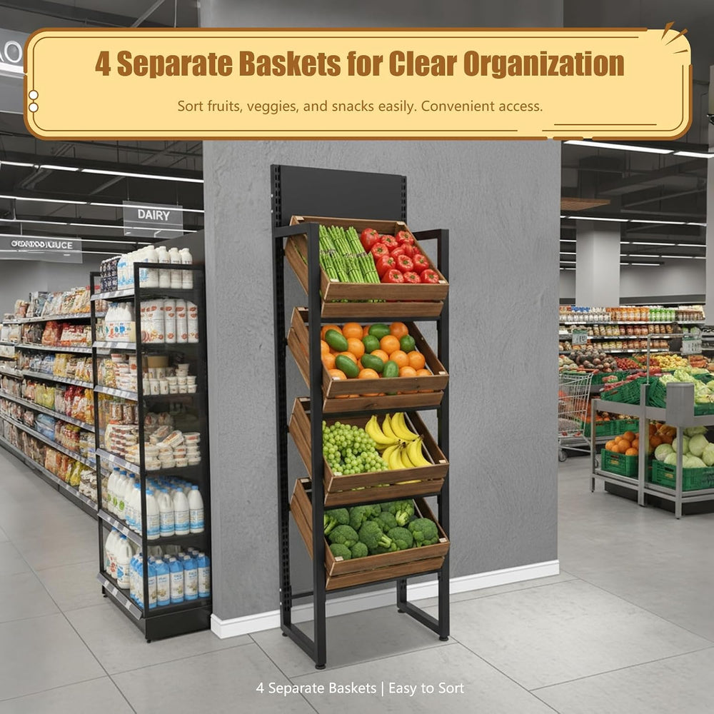 4-Tier Wood Fruit Vegetable Storage Basket Stand, Market Retail Display Rack ...