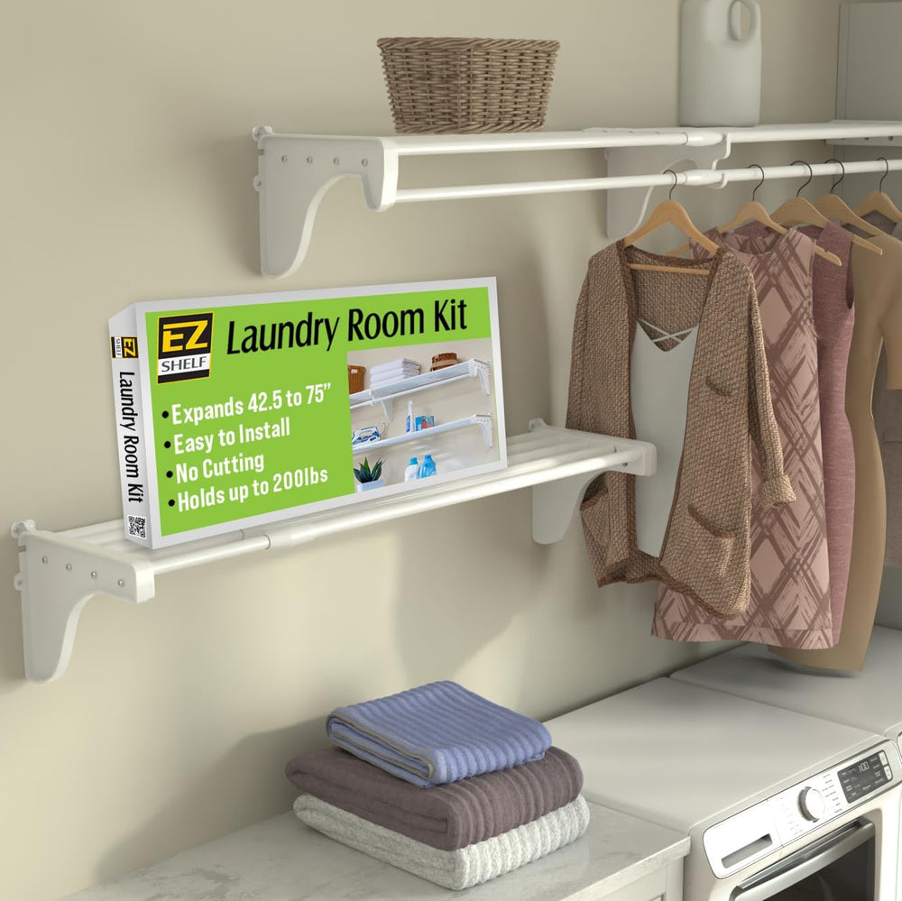 EZ Shelf Expandable Laundry Room Shelving Kit, Wall Mount, White