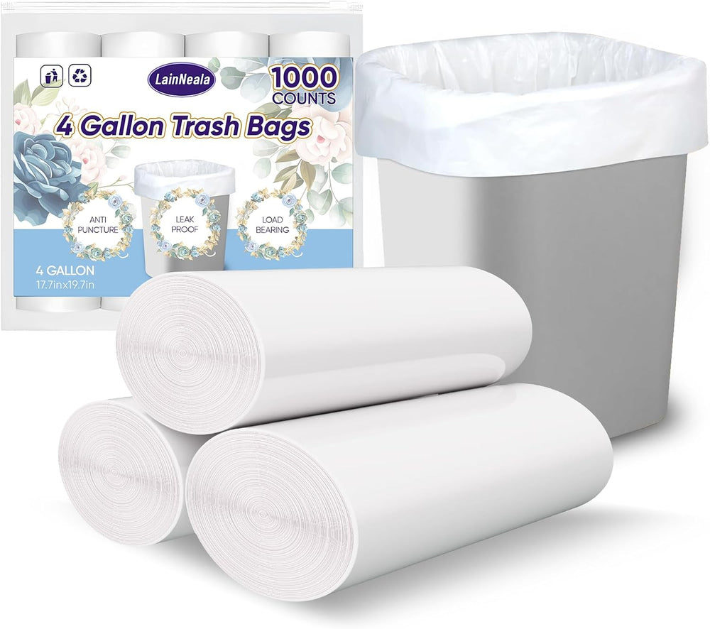 LainNeala Small Trash Bags 4 Gallon, 1000 Count Small Garbage Bag Bathroom Wh...