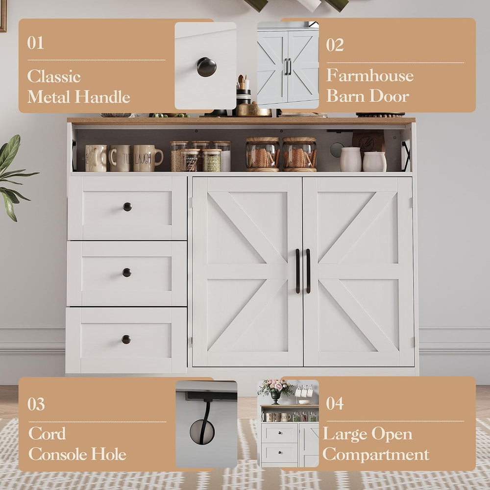 47.2'' Sideboard Buffet Cabinet with Storage, 3 Drawers 2 Doors, White