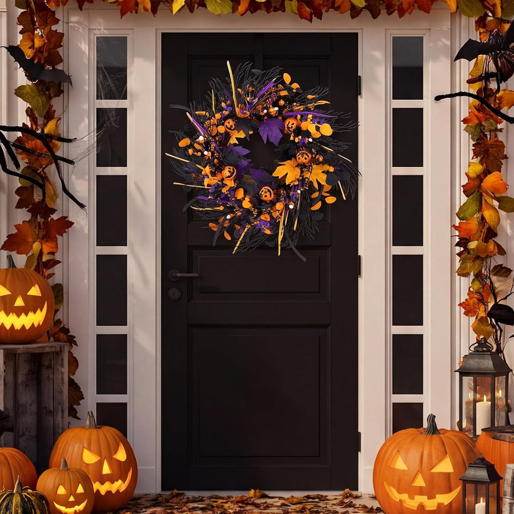 22" Halloween Wreath with 5 Jack-O'-Lantern Black Maple Leaves