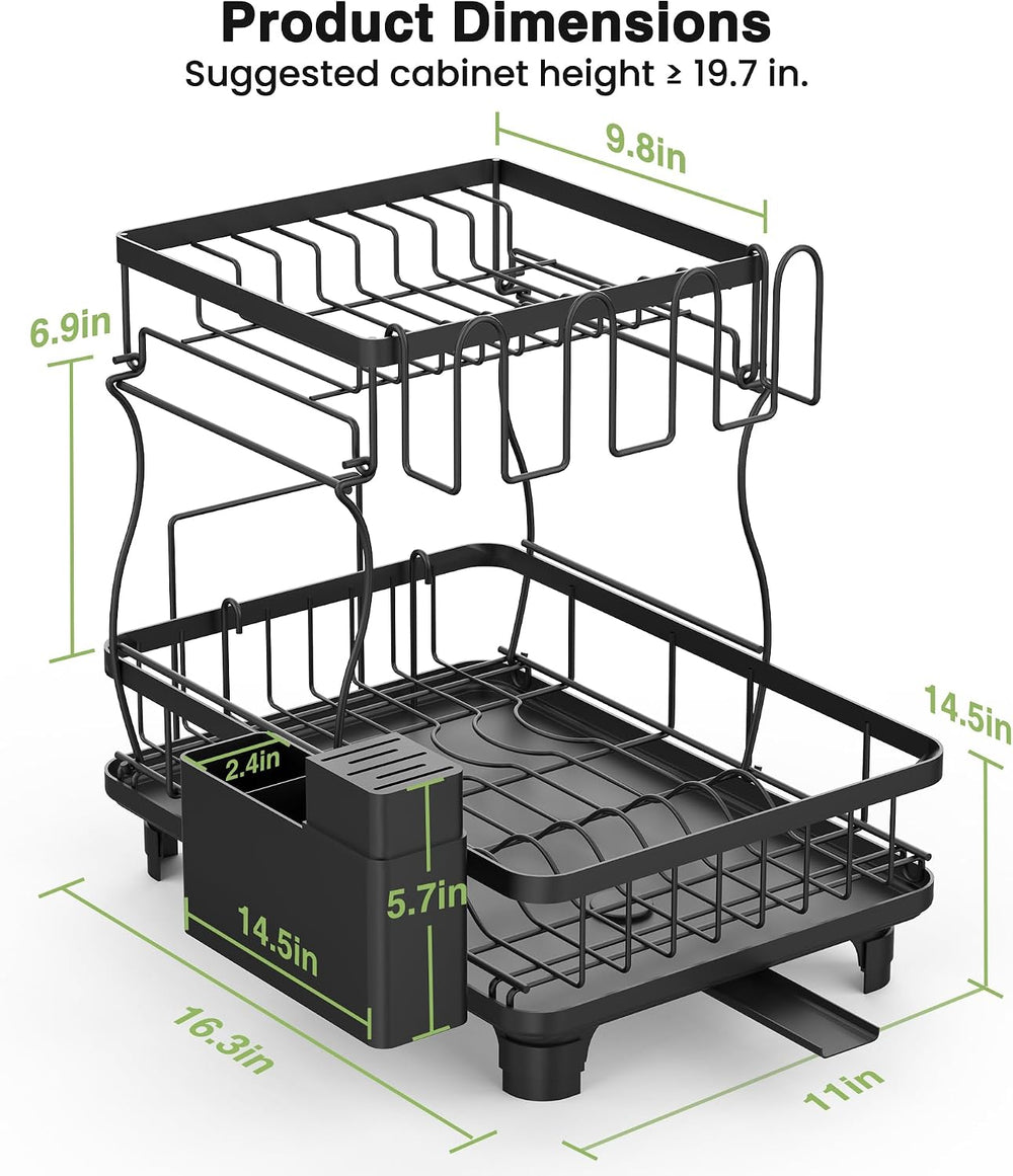 2-Tier Large Dish Drying Rack for Kitchen Counter, Black