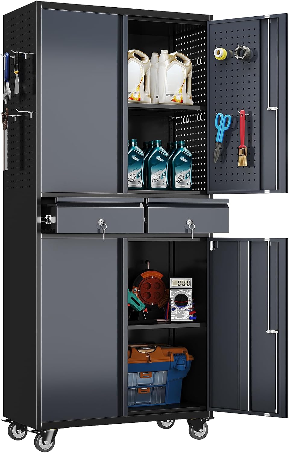 SUXXAN 71-Inch Metal Garage Cabinet with 2 Drawers and Pegboard Doors