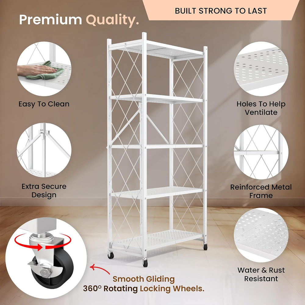 Our Modern Space 5-Tier Foldable Storage Shelf with Wheels | Metal Rack Colla...