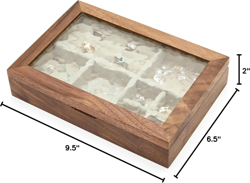 pandapark Wooden Jewelry Box with Glass Lid, Multi-Compartment Storage Displa...