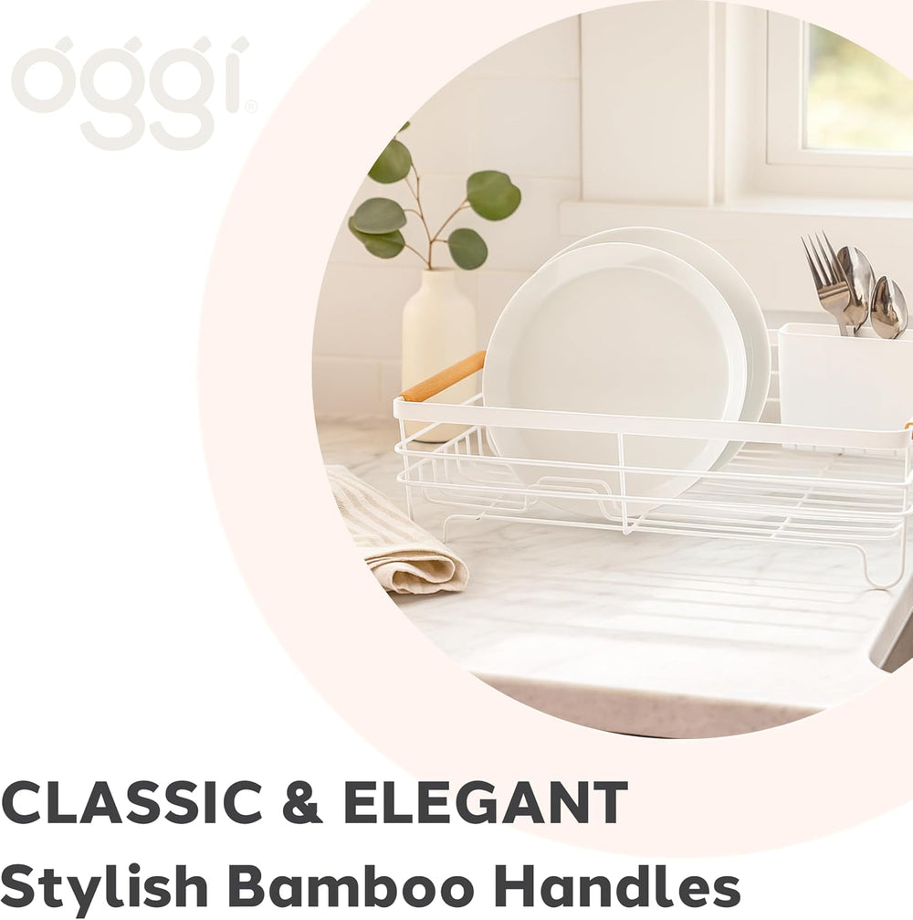Oggi Large Dish Drying Rack - White & Bamboo Dish Drying Rack, Drying Rac...
