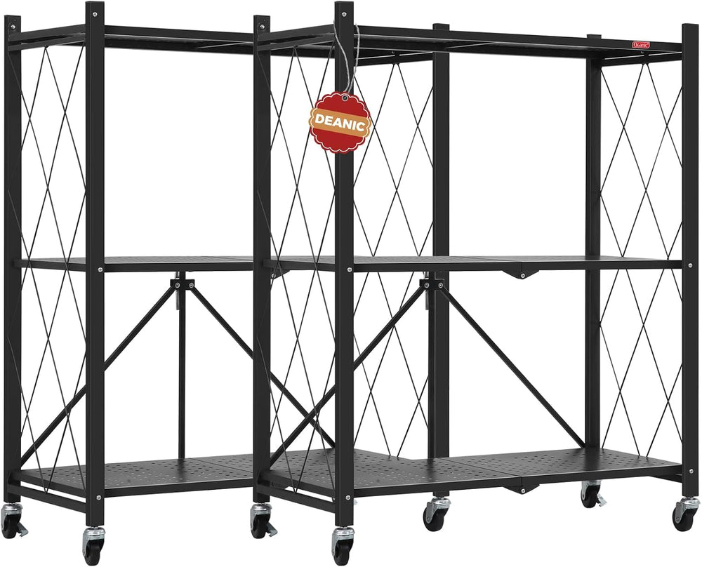 DEANIC 3 Tier Foldable Storage Shelves with Wheels, Kitchen Appliance Stand, ...