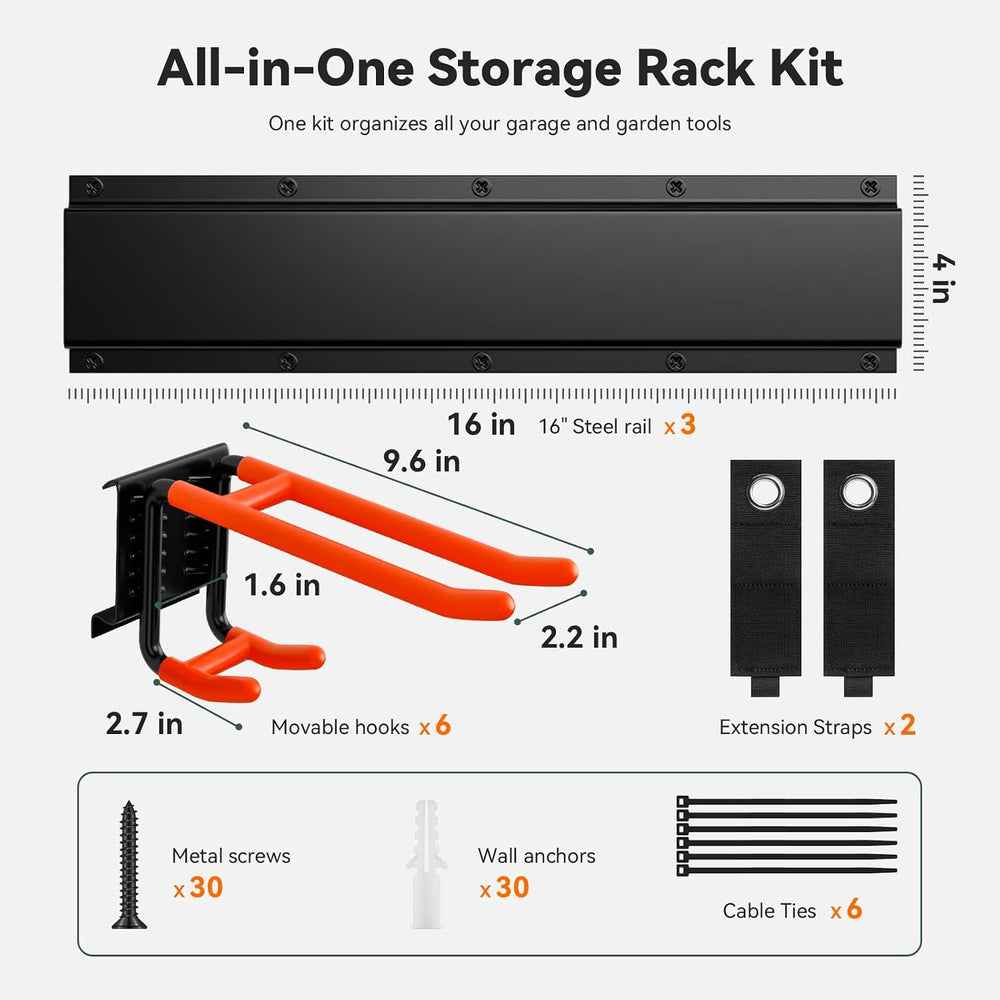 fanatato Garage Tool Organizer Wall Mount, 3 Rails 6 Hooks Heavy Duty Rack