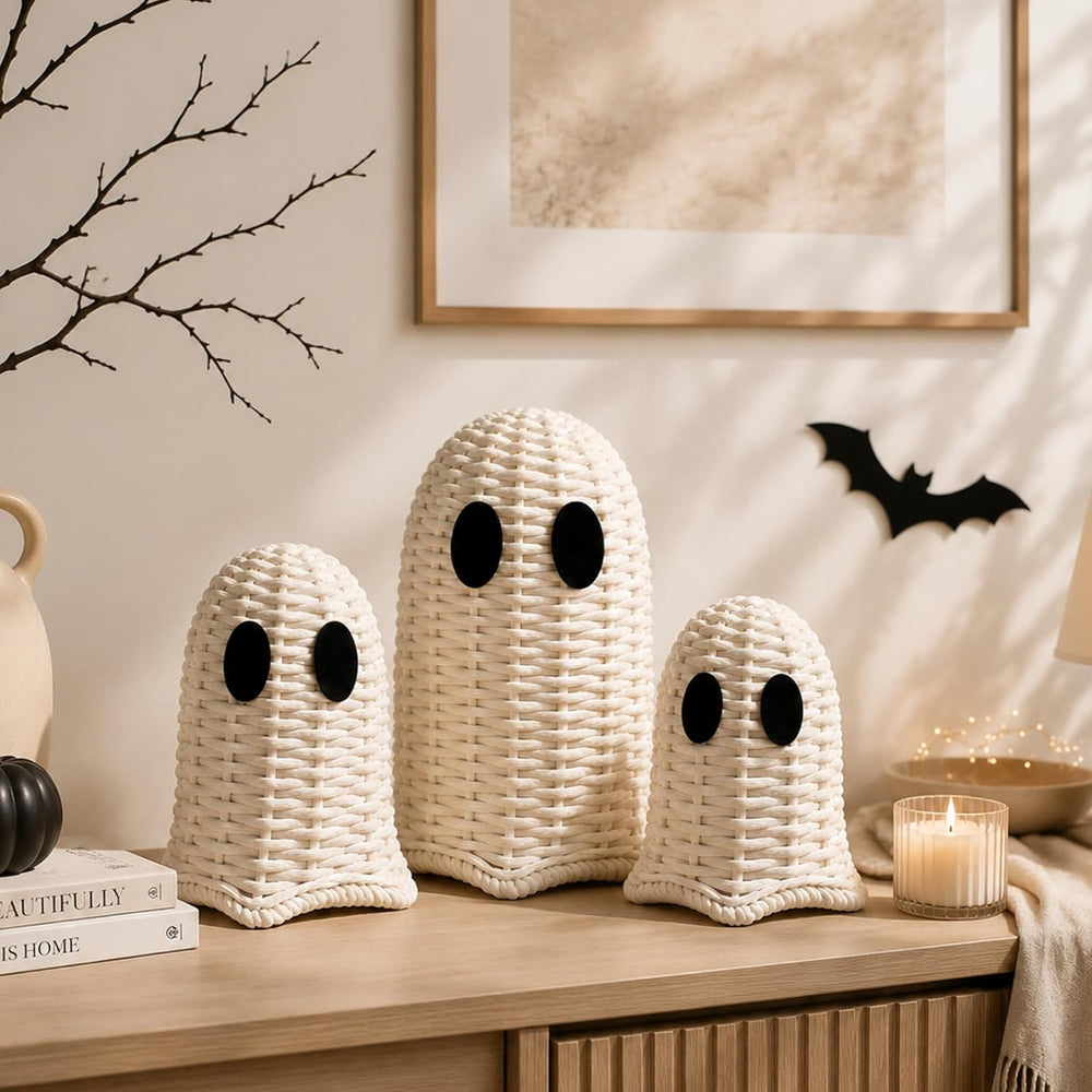 Geelin White 3 Pcs Halloween Rattan Wicker Ghosts Decoration Cute Farmhouse G...