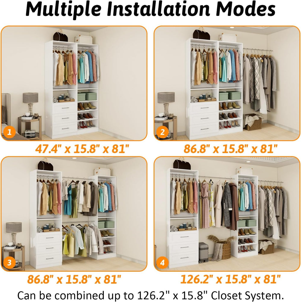 Closet System of 2 Sets with 3 Drawers, 4FT-10FT Closet Organizer System with...