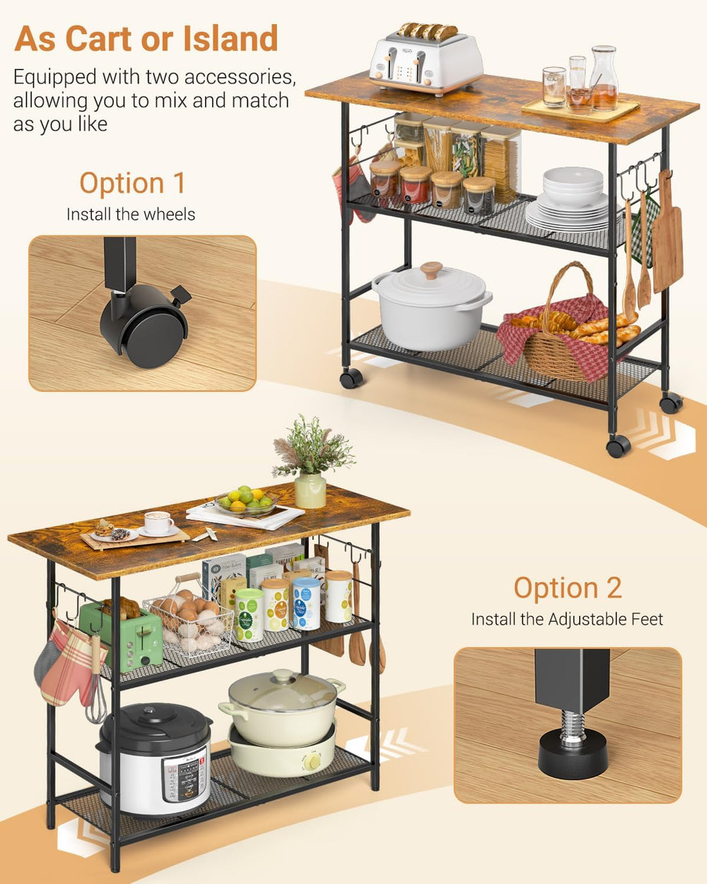 Kitchen Island with 3 Shelves, Rolling Kitchen Cart with 6 Hooks and Protecti...
