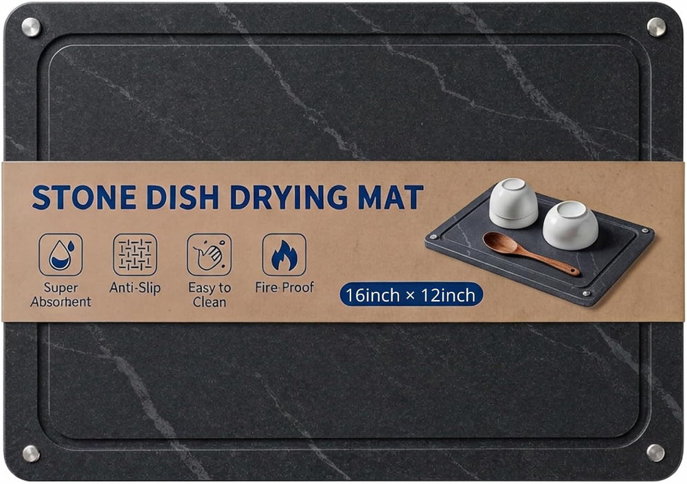 Black Stone Drying Mat for Kitchen Counter 16"x12” Soapstone Drying Mat