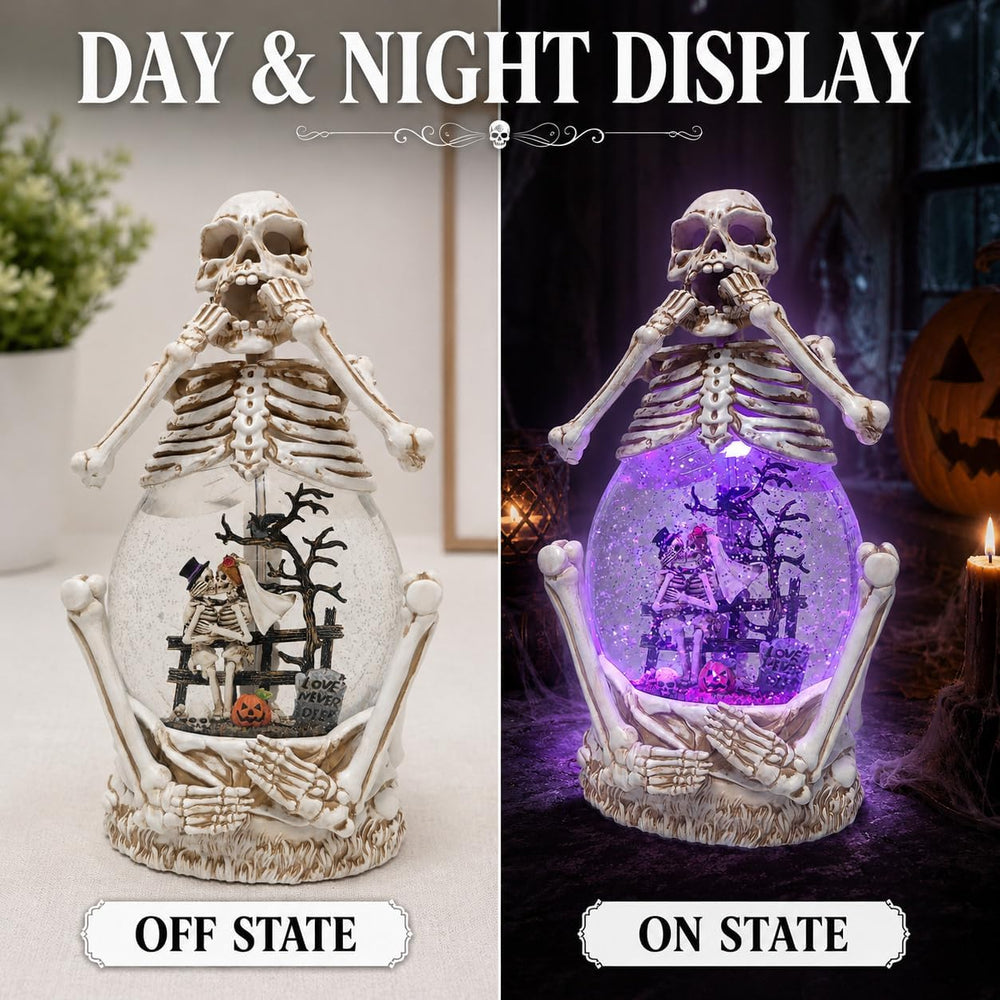 Halloween Skeleton Couple Snow Globe Lantern, Lighted Water Glitter Halloween...
