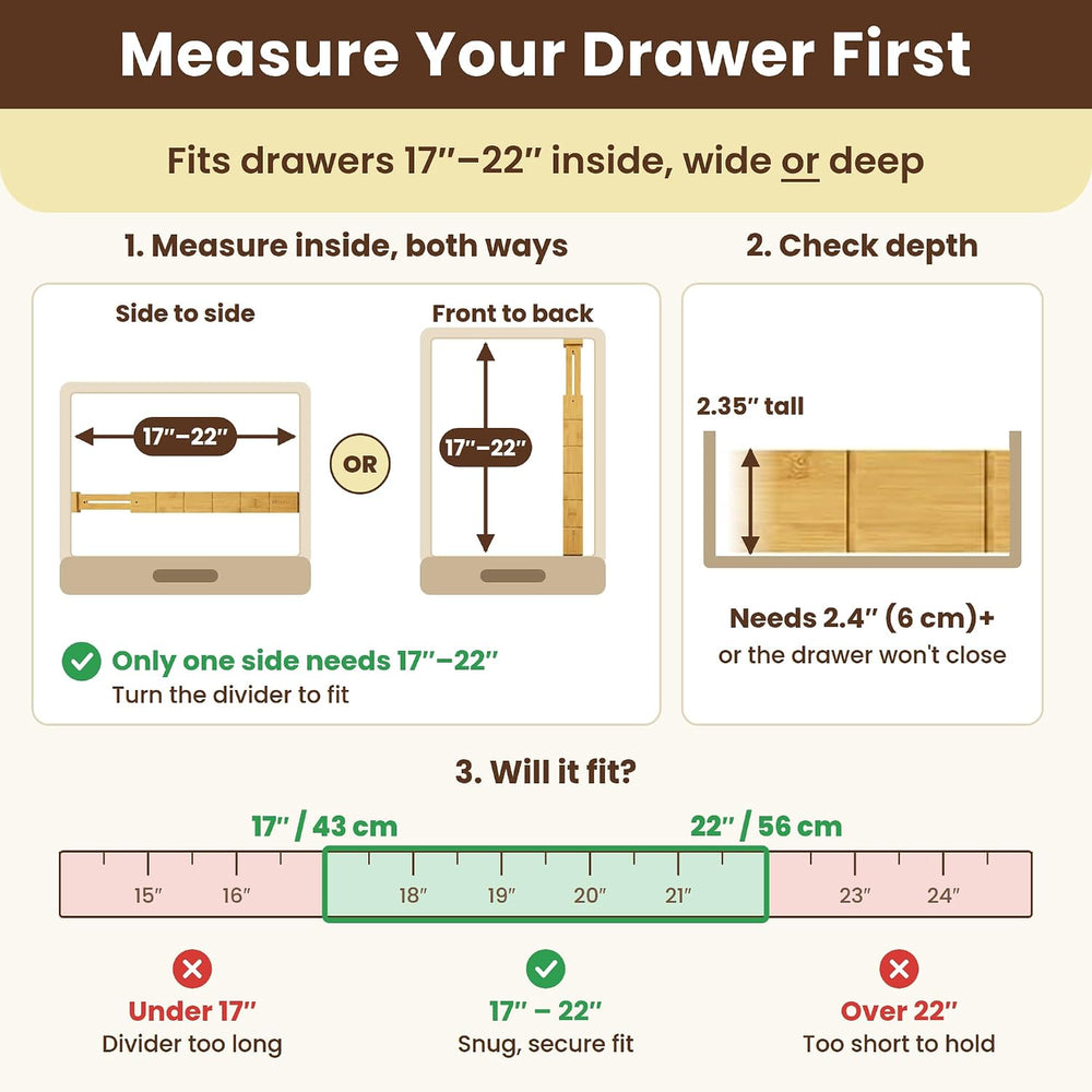 6 Pack Bamboo Drawer Dividers with 12 Inserts, Adjustable 17–22 Inch Expandab...