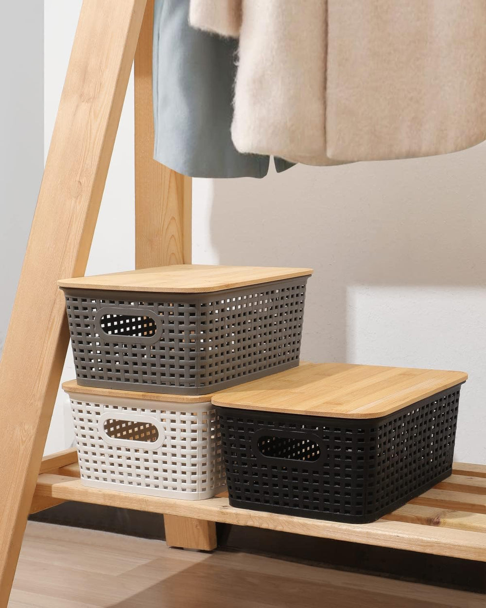 AREYZIN Storage Bins with Bamboo Lids Set of 6 Lidded Storage Container Plast...