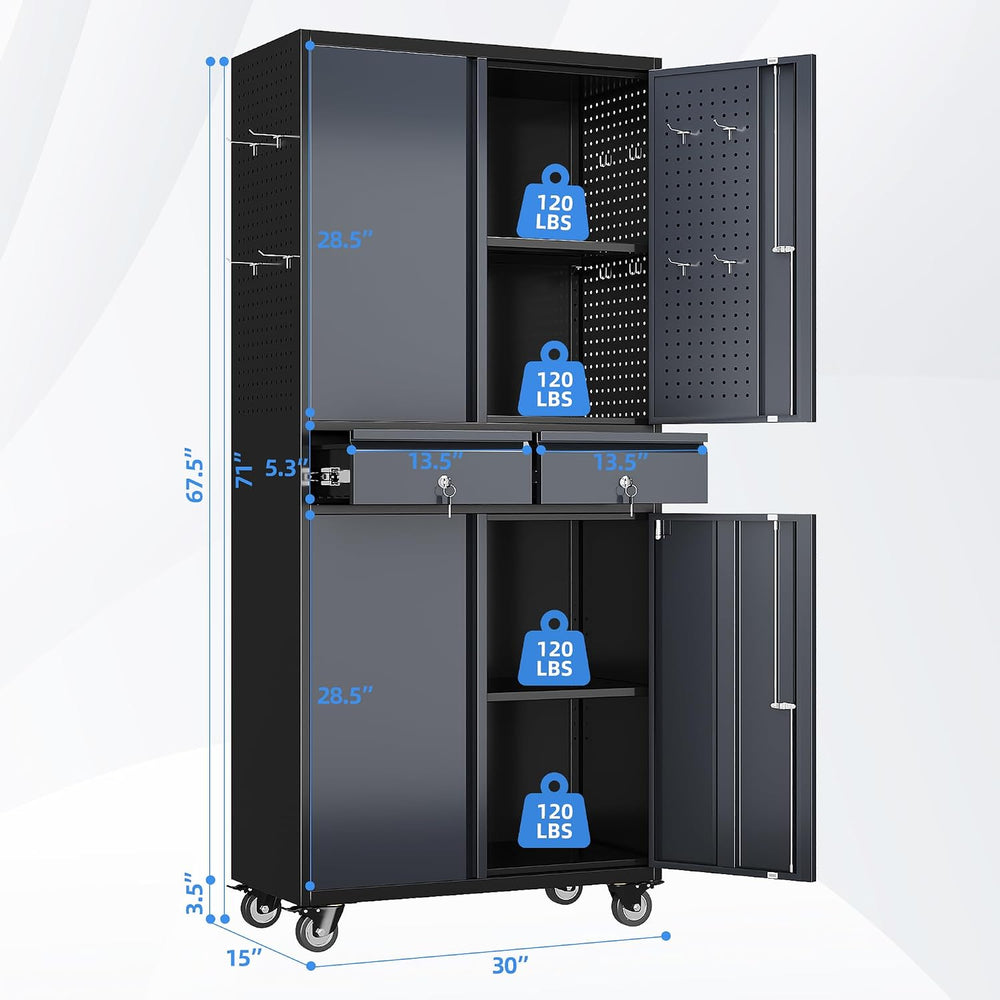 SUXXAN 71-Inch Metal Garage Cabinet with 2 Drawers and Pegboard Doors