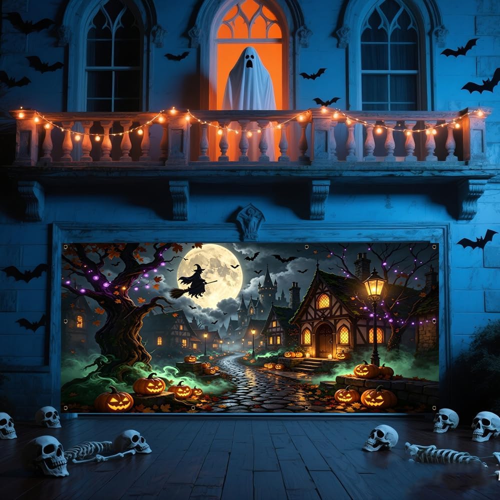 7x16ft Garage Door Halloween Cover Haunted House Halloween Garage Decor