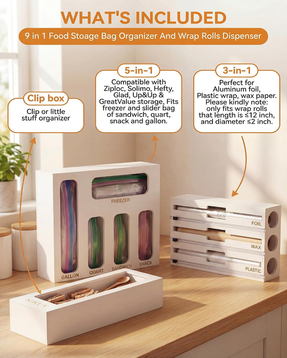 Bamboo Foil and Plastic Wrap Organizer for Kitchen Drawer, 9 in 1 Plastic Bag...
