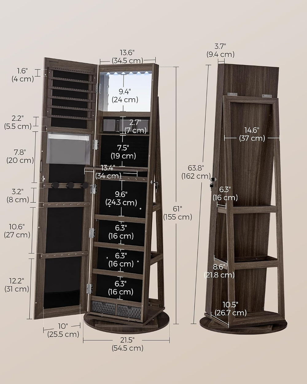 SONGMICS 6 LEDs Mirror Jewelry Cabinet Organizer, 360° Swivel, Lockable