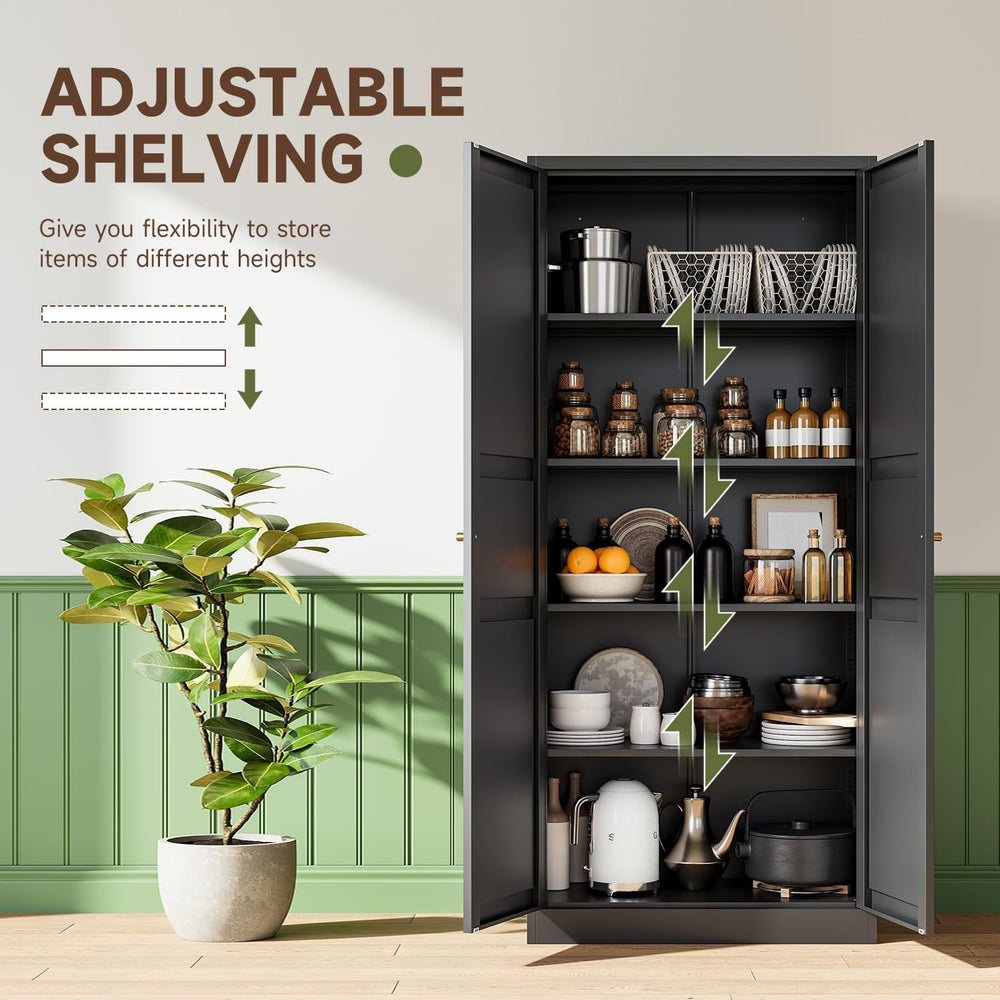 Black Storage Cabinet with Adjustable Shelves-Metal Home Kitchen Pantry Cabin...