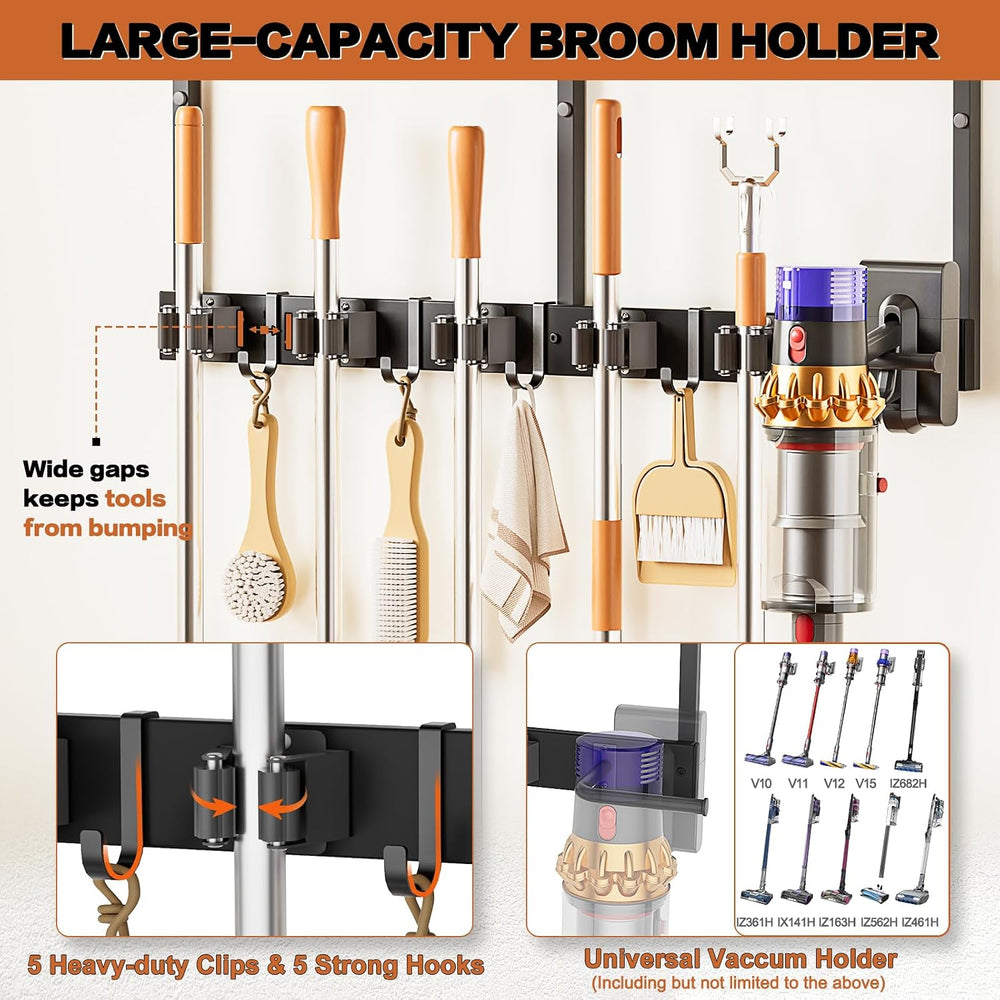 Broom Holder Wall Mount with Cleaning Supplies Organizer, Laundry Room Organi...