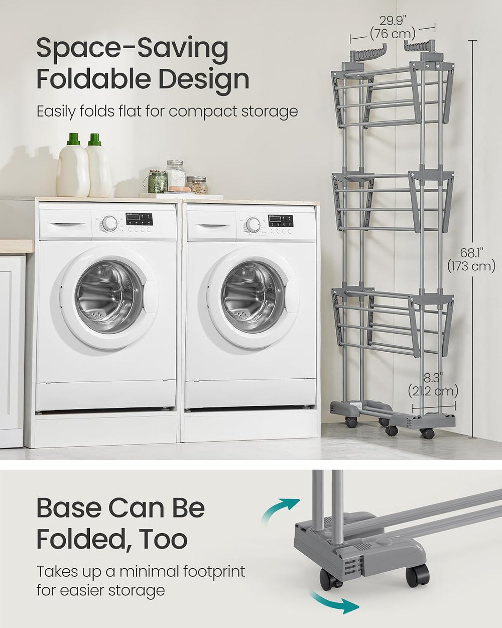 SONGMICS 4-Tier Clothes Drying Rack, Foldable, Rolling, 67.9-Inch Tall
