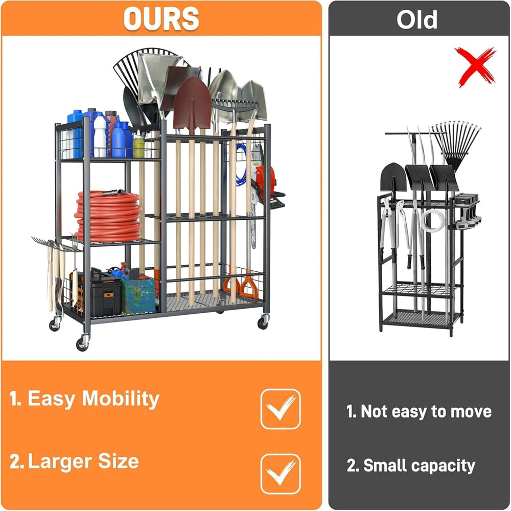 TORACK Garden Tool Stand with Wheels, Rakes Shovels Holder Yard Tools Organiz...