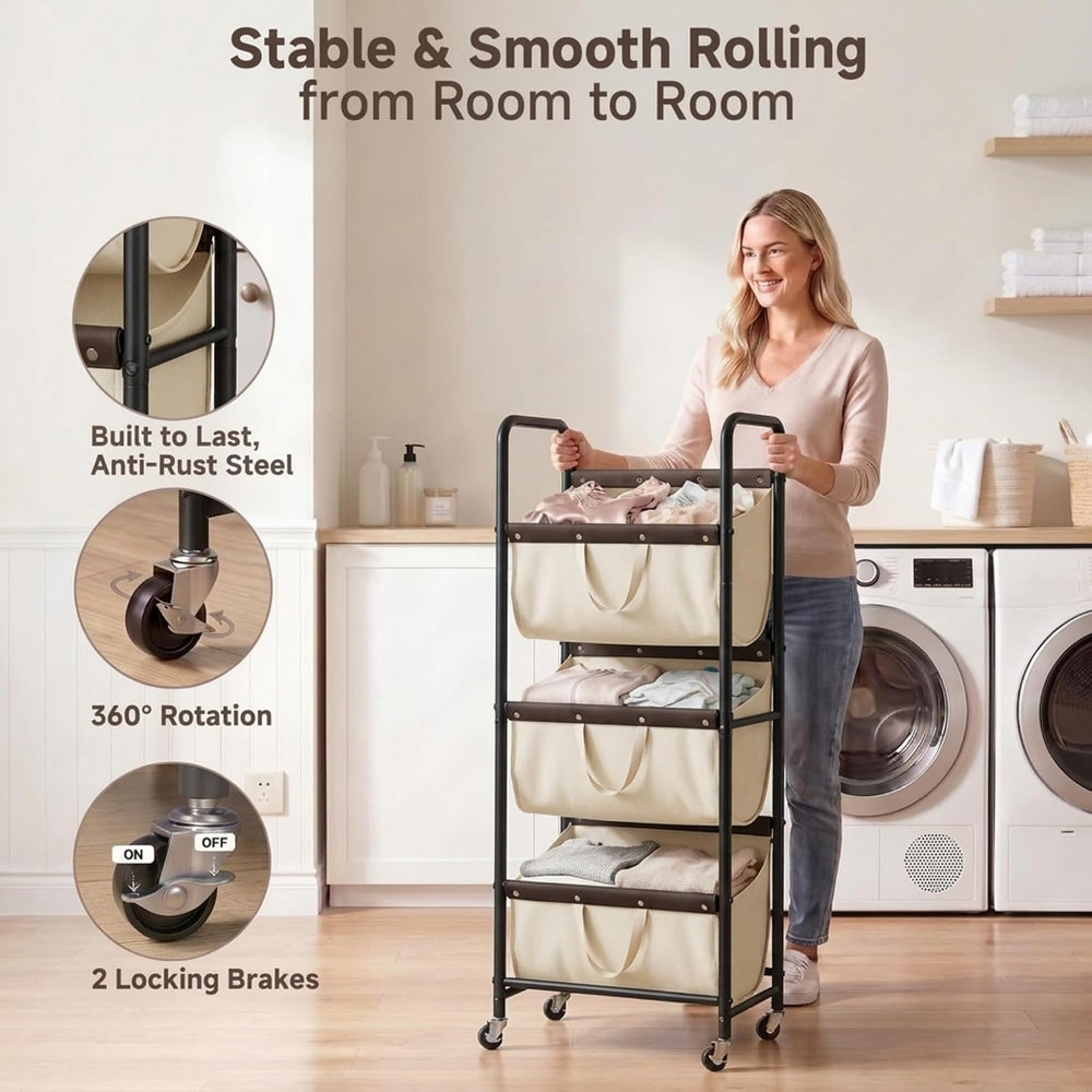 StorageWorks 3 Tier Laundry Hamper Sorter, Rolling Laundry Basket on Wheels
