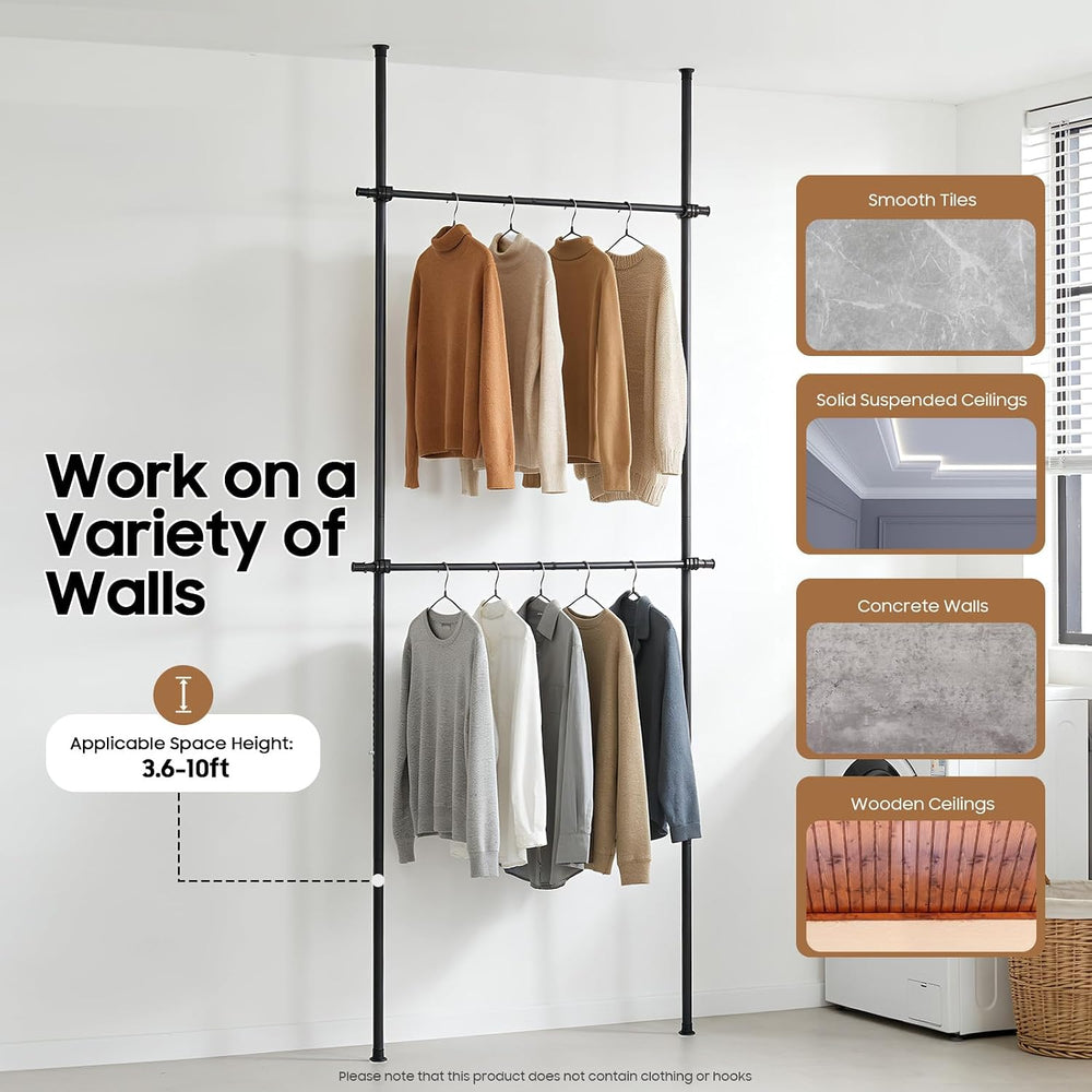 Floor to Ceiling Clothes Rack, Heavy-Duty Telescopic Garment Rack, 2-Tier Adj...