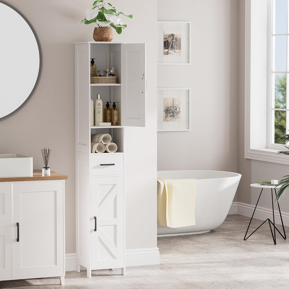 67" H Tall Bathroom Storage Cabinet with Barn Doors and Drawer