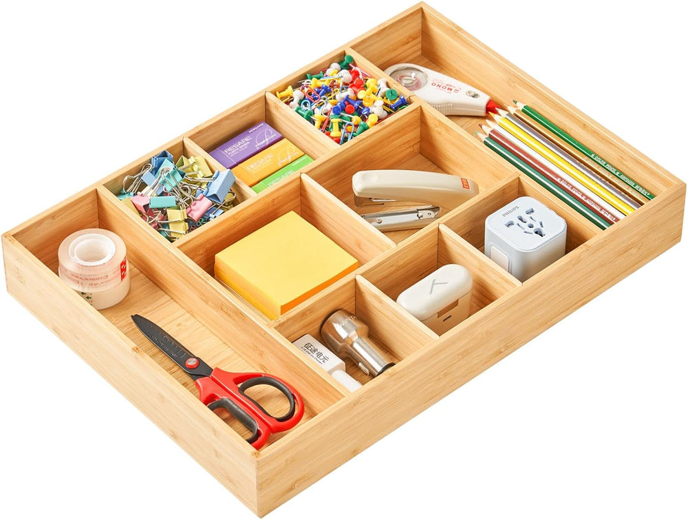 Extra Large Bamboo Desk Drawer Organizer, Wood Junk Organizer Tray with Adjus...