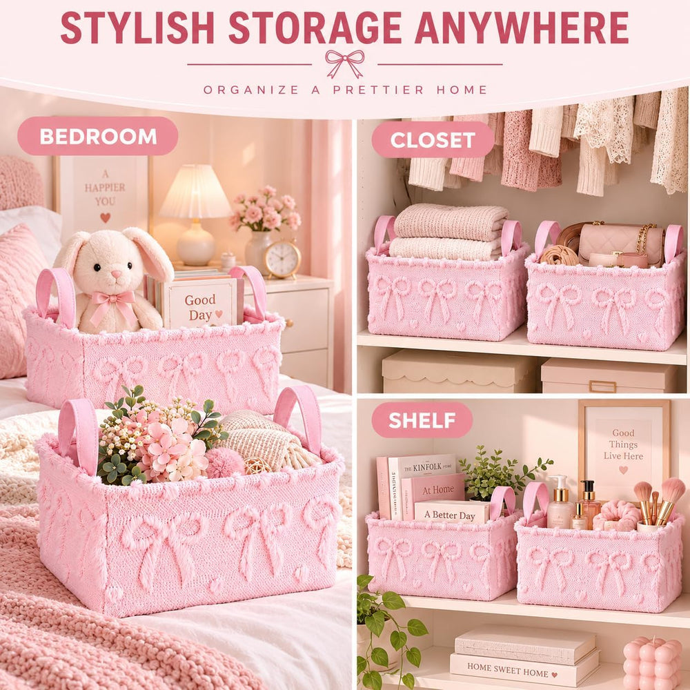 2 Pack Pink Bow Storage Baskets, 14x10'' Foldable Bins with Handles