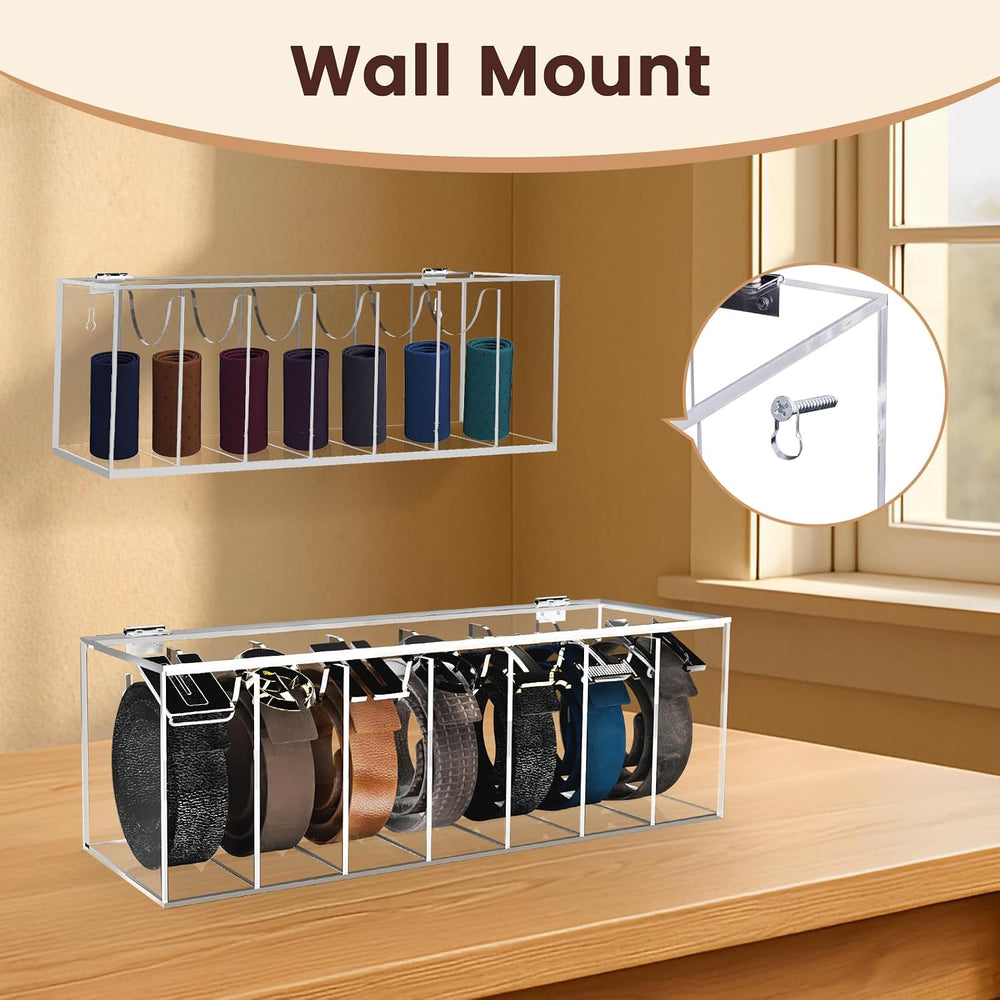 Acrylic Belt Organizer 7-Compartment Clear Storage Case with Flap Cover