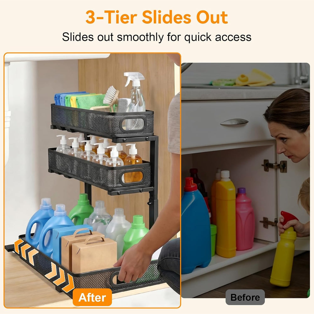 3 Tier Adjustable Under Sink Organizer for Bathroom & Kitchen(2Pack, Black)