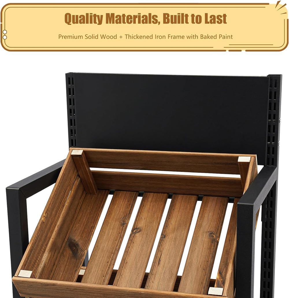 4-Tier Wood Fruit Vegetable Storage Basket Stand, Market Retail Display Rack ...