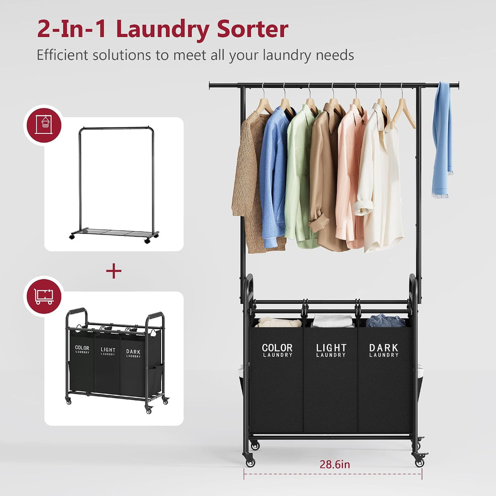 Tajsoon Laundry Sorter with Hanging Bar, 3 Section Laundry Hamper, Black